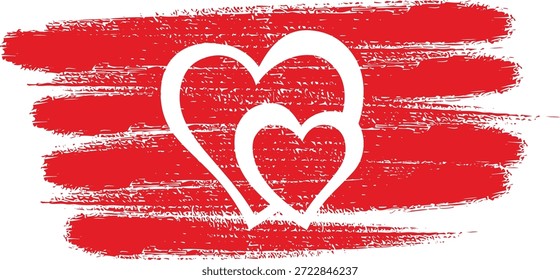 Stylized graphic design featuring two overlapping white hearts against a vibrant red grunge paintbrush stroke background