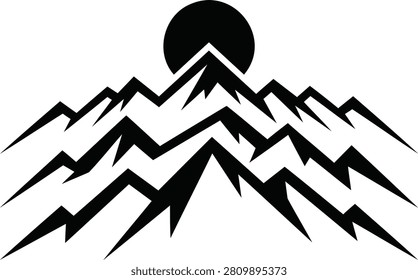 A stylized graphic design of multiple mountain ranges stacked vertically with a solid black circle representing the sun or moon behind the highest peak