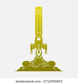 A stylized graphic design of a pencil rocket launching upwards with a plume of smoke, symbolizing creativity, innovation, and educational progress.