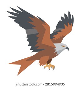 A stylized graphic design of a red kite raptor with wings spread wide flying against a white background