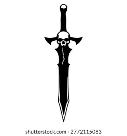 A stylized graphic design of a sword with a skull motif.