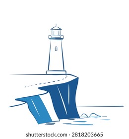 A stylized graphic drawing of a lighthouse perched on the edge of a steep rocky cliff overlooking the sea.