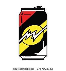A stylized graphic of a drink can, showcasing a vibrant color scheme of black, red, and yellow, accented with a central lightning bolt.