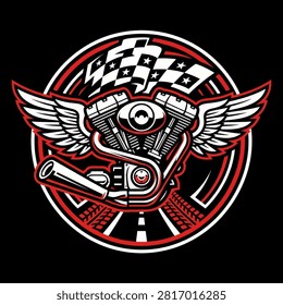 A stylized graphic emblem featuring a powerful motorcycle engine design