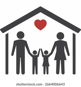 Stylized graphic of a family of four under a house roof with a red heart symbolizing love and home.