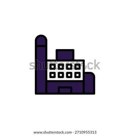 A stylized graphic features a simple industrial building with a tall smokestack and office segment, using bold color blocking and clear outlines, evoking modern architecture and industrial design in