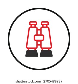 A stylized graphic featuring binoculars within a circular border, conveys concepts of exploration, observation, and strategic thinking. The red and black color palette enhances visual appeal and
