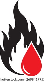 A stylized graphic featuring black flames surrounding a bright red blood drop symbol on a clean white background.