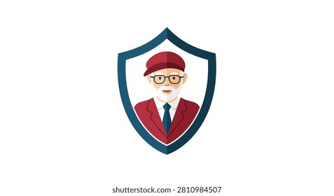 A stylized graphic featuring an elderly man with glasses, a red cap, and a formal red suit, framed within a blue shield shape on a white background