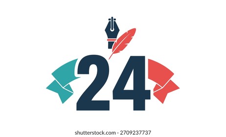 Gráfico estilizado con el número 24, una pluma y un plumín. Las cintas enmarcan los números.