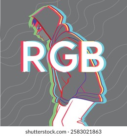 A stylized graphic featuring a person wearing a hoodie, with the text "RGB" prominently displayed in a vibrant, multicolored, distorted effect.