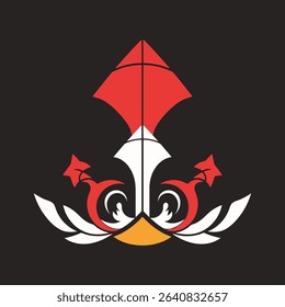 A stylized graphic featuring a red and white kite-like shape above an abstract design with red and white flourishes. The background is dark.