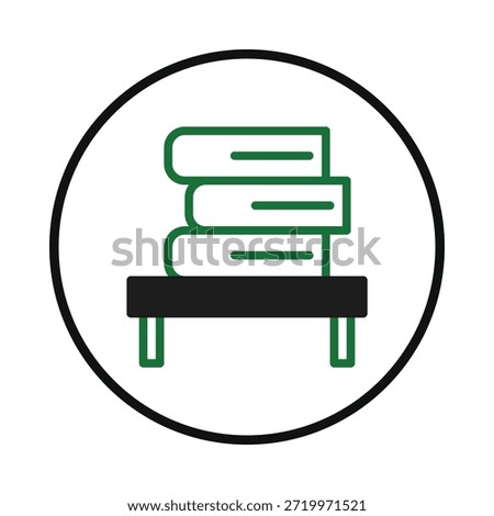 A stylized graphic featuring stacked books upon a table encapsulated within a circular border presents an image linked to studying reading and the academic pursuit of knowledge. The design uses a