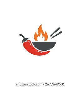 A stylized graphic featuring a vibrant red chili pepper, a dark bowl with orange flames, and two dark chopsticks, suggesting spicy food.