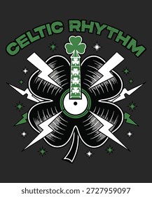 Eine stilisierte Grafik mit einer Vinylplatte, die in einen Shamrock verwandelt wurde, umgeben von Blitzen, die keltischen Rhythmus und Musikkultur repräsentieren.