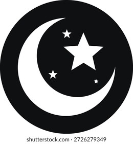 A stylized graphic featuring a white crescent moon and stars against a black circular background, representing night, celestial bodies, and religious symbolism.