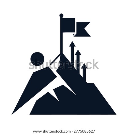 Stylized graphic of a figure ascending a peak with a flag and upward arrows, representing goal attainment, progress, triumph, and overcoming challenges.