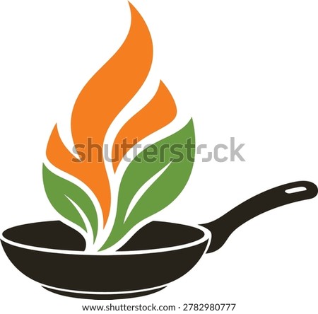 Stylized graphic of flames emanating from a black frying pan, representing cooking or heat.