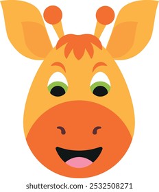 Stylized graphic of a giraffe's face with large green eyes, a smiling mouth with a pink tongue, orange fur with yellow spots, and two small ossicones.