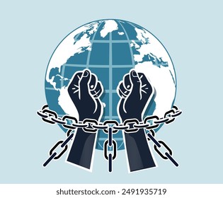  Stylized graphic of hands breaking chains in front of globe, symbolizing global human rights and liberation.