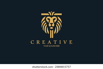 stylized graphic of a lion’s head, crafted with golden lines and shapes against a dark backdrop. The design artfully uses negative space and line art to depict the lion’s mane, facial features, and co