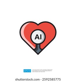 A stylized graphic of a heart with a magnifying glass, symbolizing the intersection of love and artificial intelligence Icon