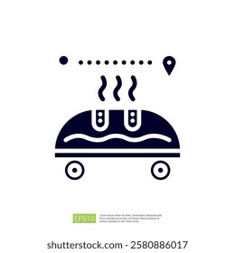 A stylized graphic of a hot dog on wheels, emitting steam, suggesting a food truck or mobile food service.