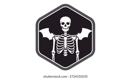 Um gráfico estilizado de um esqueleto humano com asas de morcego, fechado em um emblema hexagonal. Perfeito para Halloween ou temas góticos.