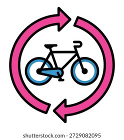 Icono gráfico estilizado de una bicicleta rodeado por una flecha circular rosa que indica un proceso o ciclo aislado sobre un fondo blanco
