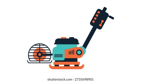 Stylized graphic icon depicts a walk-behind vibratory plate compactor machine featuring teal orange and dark blue colors on a white background ready for use.