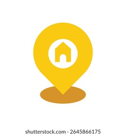 Um ícone gráfico estilizado domina a composição, representando um marcador de localização com um símbolo doméstico embutido. 