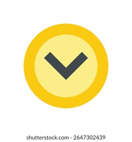 Um ícone gráfico estilizado domina a cena, apresentando uma divisa apontando para baixo aninhada dentro de círculos concêntricos. O círculo mais interno, que contém a divisa, é um suave, amarelo silencioso, quase