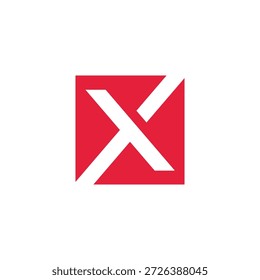 Ícone gráfico estilizado com uma marca de X branca destacada em um vibrante quadrado vermelho, simbolizando universalmente a rejeição, a exclusão, a negação ou um importante status de alerta e aviso