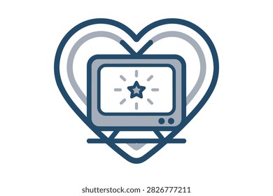 A stylized graphic icon featuring a television monitor centered inside a heart shape with a star and light rays inside the screen area
