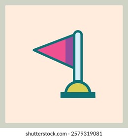 Stylized graphic icon of a red flag on a pole with teal outlines and a yellow base