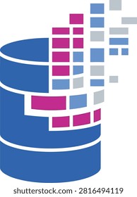 A stylized graphic icon representing a database server with digital data blocks dissolving or streaming out to the side.