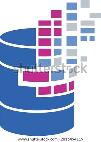 A stylized graphic icon representing a database server with digital data blocks dissolving or streaming out to the side.