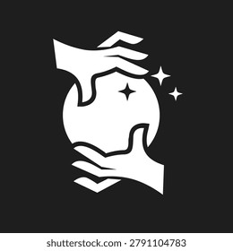 Stylized graphic icon of two hands cradling a glowing crystal ball with stars, symbolizing magic, fortune-telling, and future prediction. Great for mystical or spiritual designs.