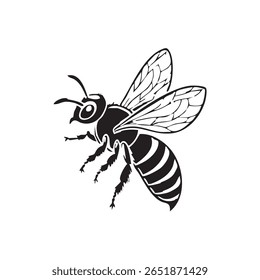 A stylized, graphic illustration of a bee in flight, showcasing its segmented body, striped abdomen, and delicate wings. This clean, vector-style image is ideal for designs related to nature, insects,