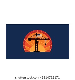 A stylized graphic illustration of a construction crane silhouette against a vibrant sunset background with an American flag emblem.