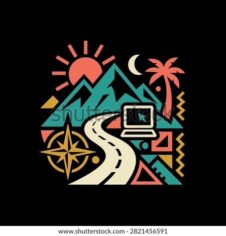 A stylized graphic illustration depicting a digital nomad travel journey