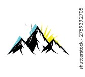 A stylized graphic illustration depicting three prominent black mountain peaks with a vibrant yellow sun rising behind them, featuring abstract blue accents.