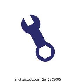 A stylized, graphic illustration dominates the composition, featuring a wrench rendered in a deep, saturated indigo blue against a stark white background.