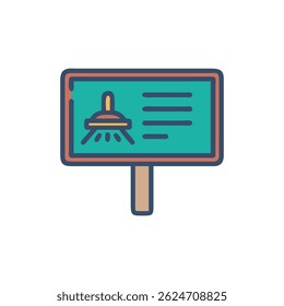A stylized graphic illustration features a sign displaying a UFO design with generic text lines.