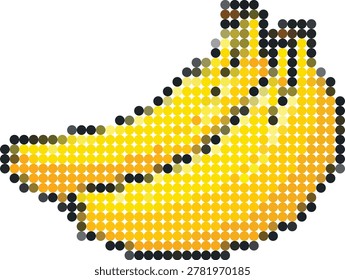 A stylized graphic illustration featuring a bunch of fresh yellow bananas composed of small colorful dots against a clean white background. This digital art piece showcases a creative dot matrix techn