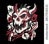 A stylized graphic illustration featuring a demonic horned skull design