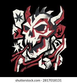 A stylized graphic illustration featuring a demonic horned skull design