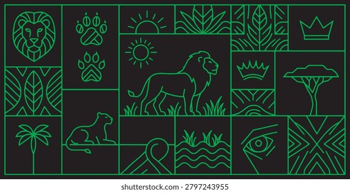 A stylized graphic illustration featuring a lion, lioness, paw prints, and savanna elements in a mosaic pattern on a black background.