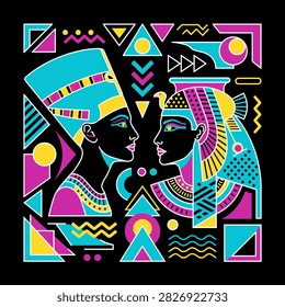 Stylized graphic illustration featuring two ancient Egyptian queens in profile