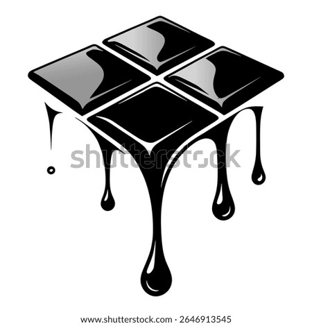 A stylized, graphic illustration of four square pieces of dark chocolate melting and dripping, with glossy highlights on a white background.